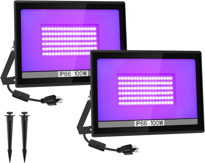 T-SUN 2 Pack 100W LED Black Lights, Blacklight Flood Light with Plug, Halloween Blacklight Outdoor, IP66 Waterproof Flood Light for Glow Party, Body Paint, Fluorescent Poster, Stage, Neon Glow - Image 1